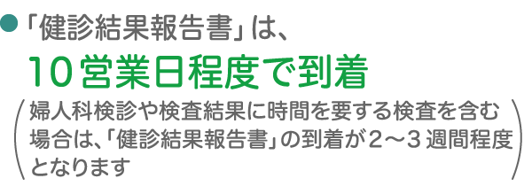 「健診結果報告書」は、10営業日程度で到着（婦人科検診や検査結果に時間を要する検査を含む場合は、「健診結果報告書」の到着が2～3週間程度となります）